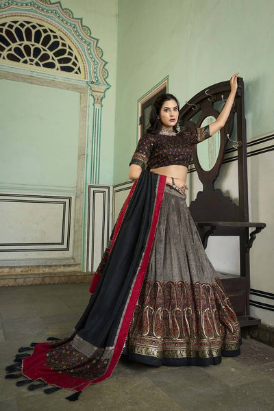 Grey Color Foil print Work Tussar Silk Lehenga Choli