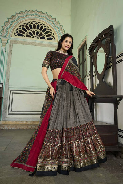 Grey Color Foil print Work Tussar Silk Lehenga Choli