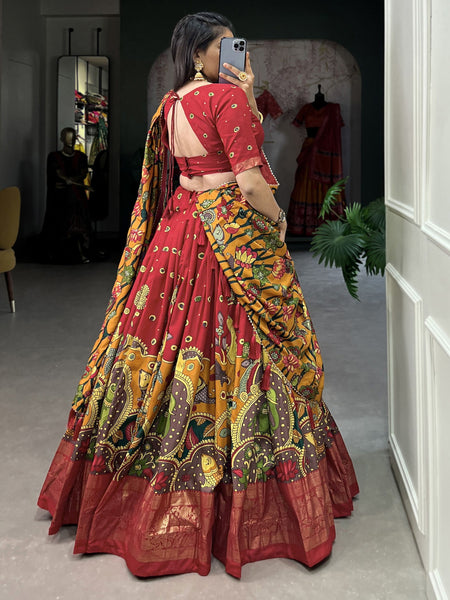 Red Kalamkari Print Tussar Silk Traditional Wear Lehenga Choli