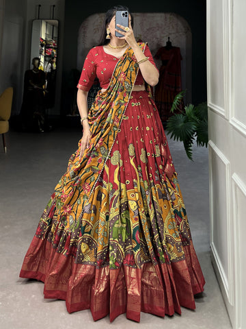 Red Kalamkari Print Tussar Silk Traditional Wear Lehenga Choli