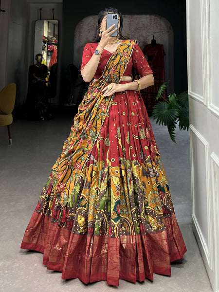 Red Kalamkari Print Tussar Silk Traditional Wear Lehenga Choli