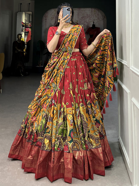 Red Kalamkari Print Tussar Silk Traditional Wear Lehenga Choli