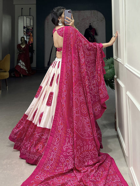 Pink color Bandhej Print Tussar Silk Traditional Wear Lehenga Choli