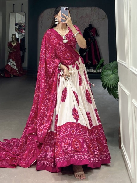 Pink color Bandhej Print Tussar Silk Traditional Wear Lehenga Choli