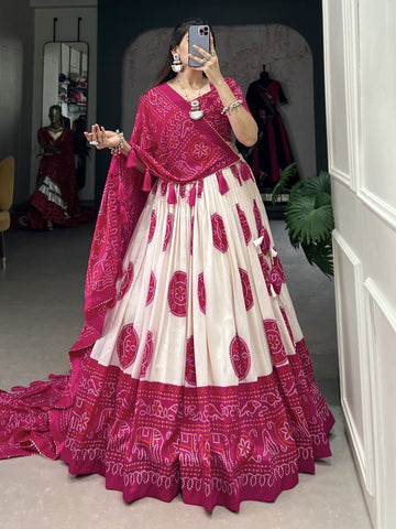 Pink color Bandhej Print Tussar Silk Traditional Wear Lehenga Choli