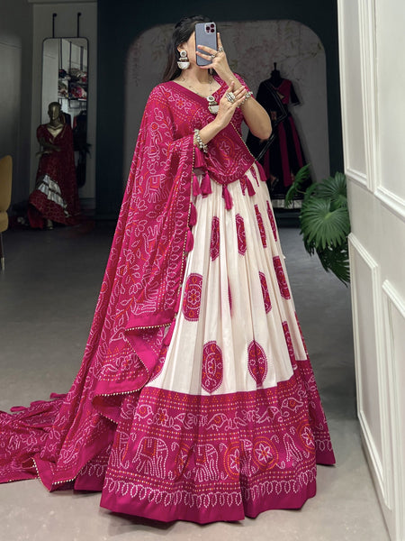 Pink color Bandhej Print Tussar Silk Traditional Wear Lehenga Choli