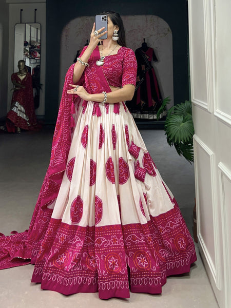 Pink color Bandhej Print Tussar Silk Traditional Wear Lehenga Choli