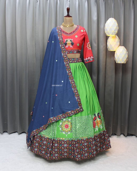 Parrot Green Soft Butter Silk Fancy Digital Print and Real Mirror Work Lehenga