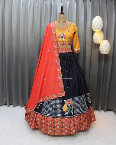 Black Red Soft Butter Silk Fancy Digital Print and Real Mirror Work Lehenga