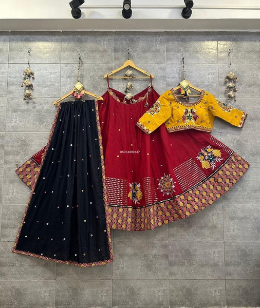 Red Black Soft Butter Silk Fancy Digital Print and Real Mirror Work Lehenga