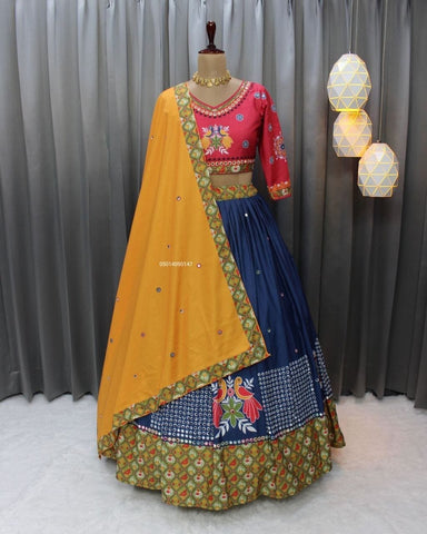 Blue Yellow Soft Butter Silk Fancy Digital Print and Real Mirror Work Lehenga