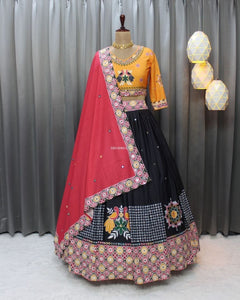 Black Red Soft Butter Silk Fancy Digital Print and Real Mirror Work Lehenga