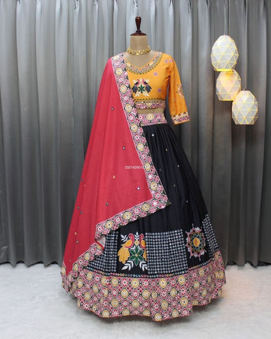 Black Red Soft Butter Silk Fancy Digital Print and Real Mirror Work Lehenga