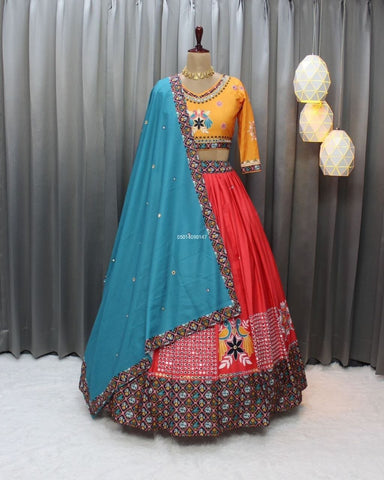 Red Sky Blue Soft Butter Silk Fancy Digital Print and Real Mirror Work Lehenga