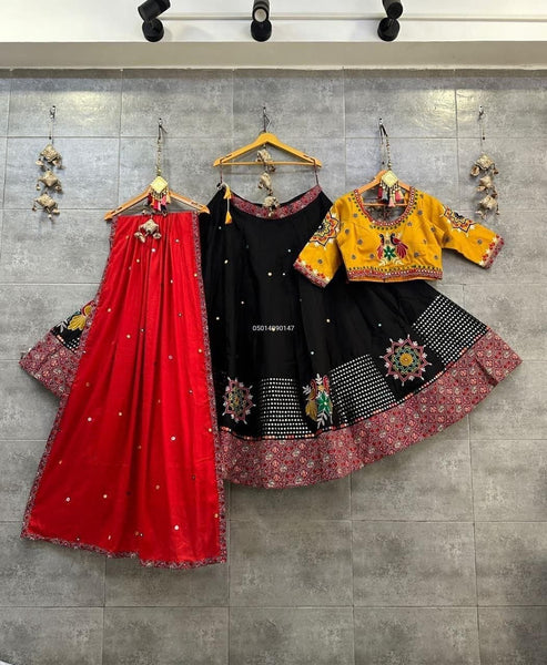 Black Red Soft Butter Silk Fancy Digital Print and Real Mirror Work Lehenga