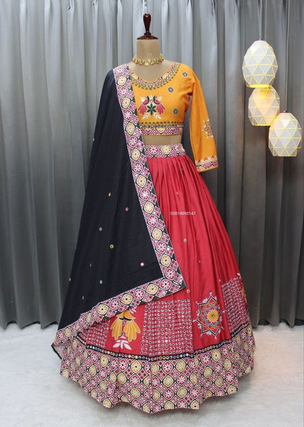 Red Black Soft Butter Silk Fancy Digital Print and Real Mirror Work Lehenga