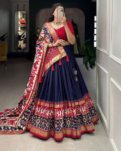 Navy Blue Color Ikkat Patola Print With Foil Work Tussar Silk Lehenga Choli