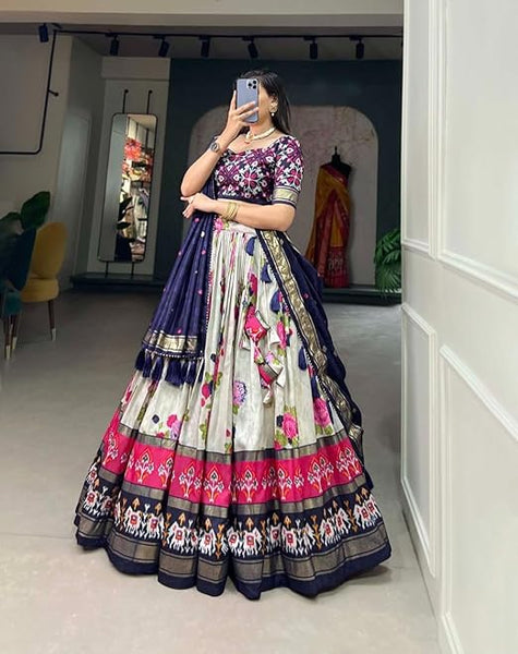 Blue Color Patola Printed With Foil Work Tussar Silk Lehenga Choli