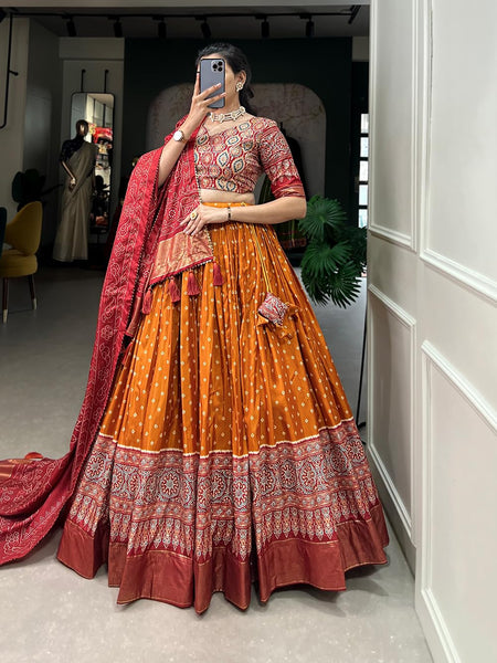 Mustard color Foil Print Tussar Silk Traditional Wear Lehenga Choli