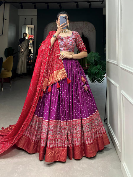 Purple color Foil Print Tussar Silk Traditional Wear Lehenga Choli