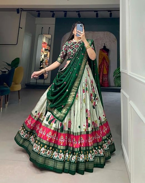 Green Color Patola Printed With Foil Work Tussar Silk Lehenga Choli