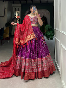 Purple color Foil Print Tussar Silk Traditional Wear Lehenga Choli