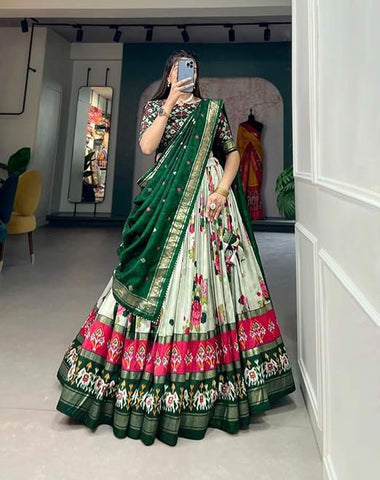 Green Color Patola Printed With Foil Work Tussar Silk Lehenga Choli