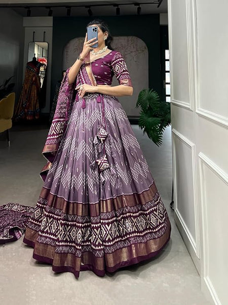 Purple Color Dot And Ikkat Print With Foil Work Tussar Silk Lehenga Choli