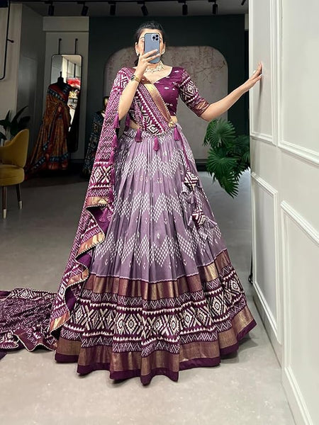 Purple Color Dot And Ikkat Print With Foil Work Tussar Silk Lehenga Choli