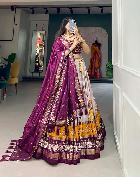 Purple Color Patola Printed With Foil Work Tussar Silk Lehenga Choli