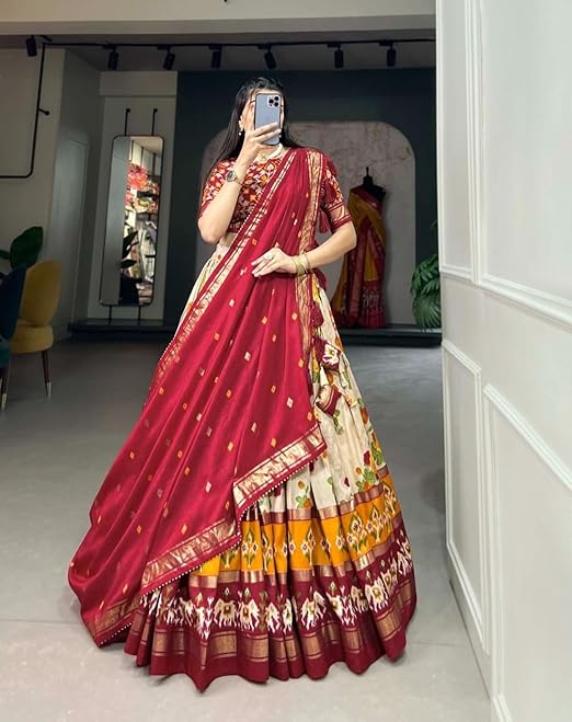 Red Color Patola Printed With Foil Work Tussar Silk Lehenga Choli