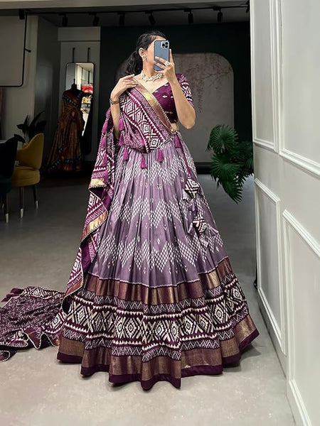 Purple Color Dot And Ikkat Print With Foil Work Tussar Silk Lehenga Choli