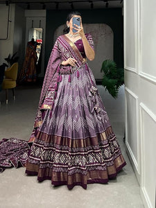 Purple Color Dot And Ikkat Print With Foil Work Tussar Silk Lehenga Choli