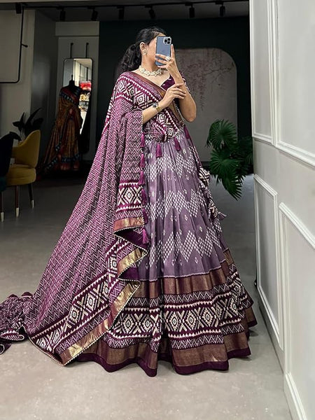 Purple Color Dot And Ikkat Print With Foil Work Tussar Silk Lehenga Choli