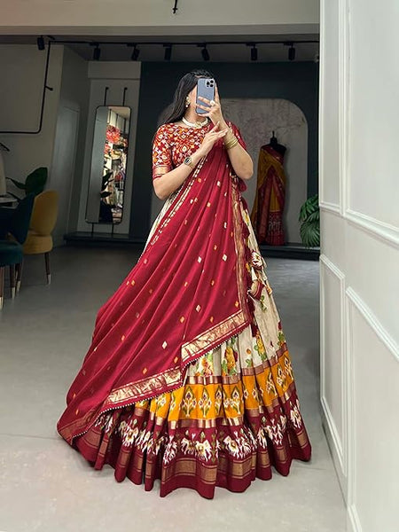 Red Color Patola Printed With Foil Work Tussar Silk Lehenga Choli