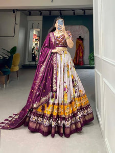 Purple Color Patola Printed With Foil Work Tussar Silk Lehenga Choli