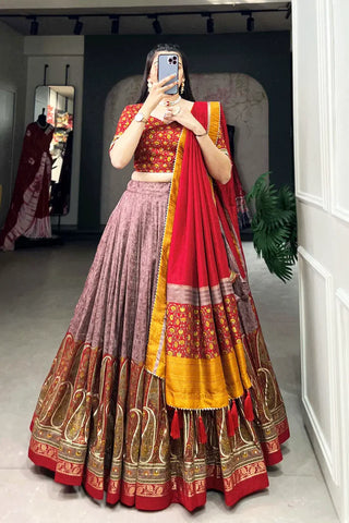 Onion Color Foil print Work Tussar Silk Lehenga Choli