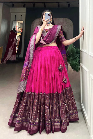 Pink Color Foil print Work Tussar Silk Lehenga Choli