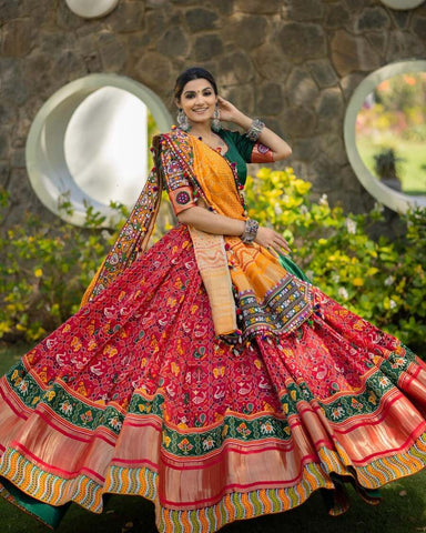 Red color Soft Butter Silk Fancy Digital Print and Real Mirror Work Lehenga