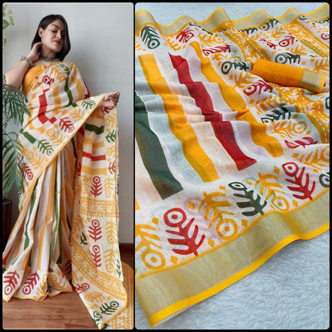 Beautiful Multi color Designer Linen Printed Sari