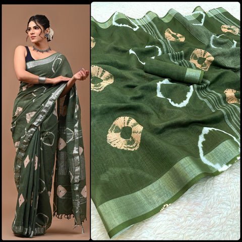 Beautiful Green color Designer Linen Shibori Printed Sari