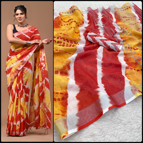 Beautiful Multi color Designer Linen Shibori Printed Sari