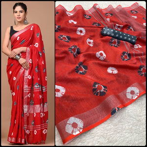 Beautiful Multi color Designer Linen Shibori Printed Sari