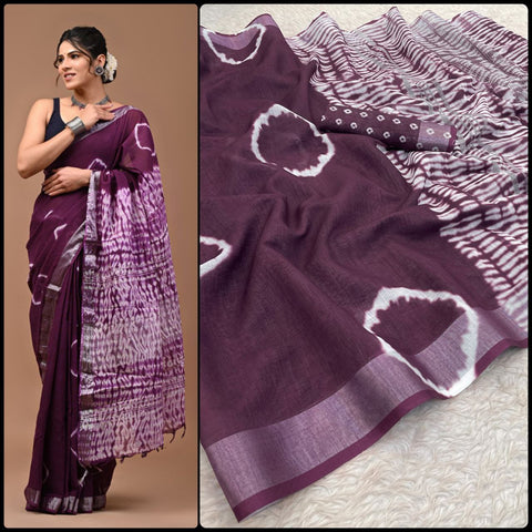 Beautiful Multi color Designer Linen Shibori Printed Sari