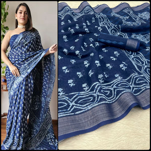 Beautiful Blue color Designer Linen Printed Sari