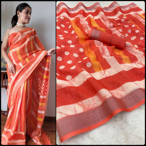 Beautiful Orange color Designer Linen Printed Sari