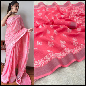 Beautiful Light Pink color Designer Linen Printed Sari