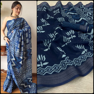 Beautiful Blue color Designer Linen Printed Sari