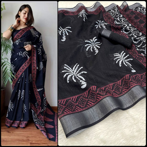 Beautiful Black color Designer Linen Printed Sari