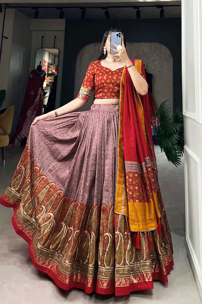 Onion Color Foil print Work Tussar Silk Lehenga Choli